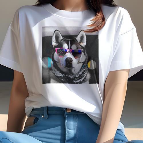Tシャツ レディース 犬ファン 半袖 春夏 犬柄 プリント カジュアル かわいい 人間用 フィットネス ダンス メガネ シベリアンハスキー スカーフ モノクロ Tシャツ レディース 犬ファン 半袖 春夏 犬柄 プリント カジュアル かわいい 人間用 フィットネス ダンス メガネ シベリアンハスキー スカーフ モノクロ