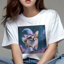 Tシャツ レディース 犬ファン 半袖 春夏 犬柄 プリント カジュアル かわいい 人間用 フィットネス ダンス 魔法の帽子 ウェルシュコーギー 空 星 雲 宇宙(4)