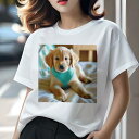 Tシャツ レディース 犬ファン 半袖 春夏 犬柄 プリント カジュアル かわいい 人間用 フィットネス ダンス 子犬 ゴールデンレトリバー ベッド バンダナ(4)