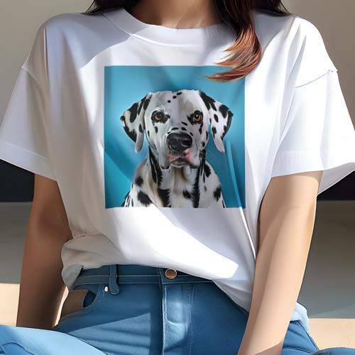 Tシャツ レディース 犬ファン 半袖 春夏 犬柄 プリント カジュアル かわいい 人間用 フィットネス ダンス 水色背景 ダルメシアン 黒白模様(4)