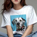 Tシャツ レディース 犬ファン 半袖 春夏 犬柄 プリント カジュアル かわいい 人間用 フィットネス ダンス 赤い首輪 ダルメシアン 青い背景 水玉模様(4)