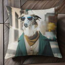 サングラス ボルゾイ コート マフラー 都会 街並み クッションカバー 45×45cm アニマル柄 おしゃれ 可愛い クッション本体付き 正方形 犬ファン