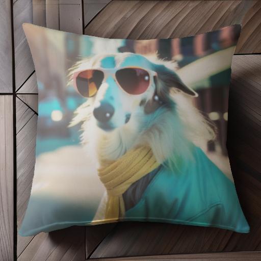 サングラス ボルゾイ マフラー 洋服 街並み クッションカバー 45×45cm アニマル柄 おしゃれ 可愛い クッション本体付き 正方形 犬ファン