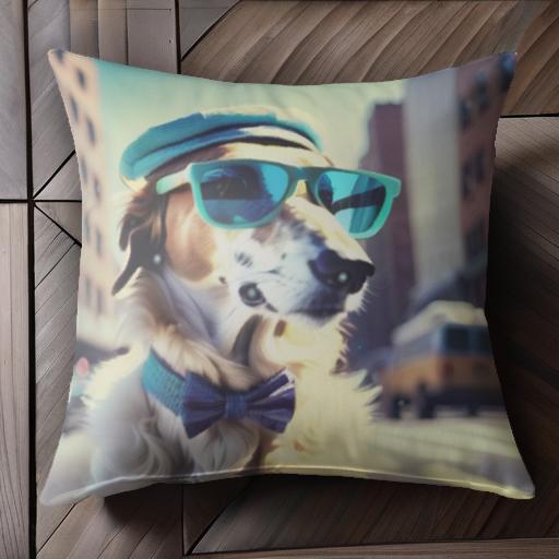 サングラス その他 帽子 蝶ネクタイ 街 クッションカバー 45×45cm アニマル柄 おしゃれ 可愛い クッション本体付き 正方形 犬ファン
