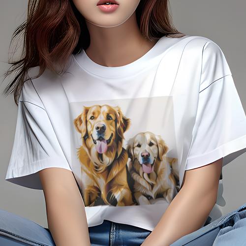 Tシャツ レディース 犬ファン 半袖 春夏 犬柄 プリント カジュアル かわいい 人間用 フィットネス ダンス 笑顔 ゴールデンレトリバー 犬のペア フレンドリー