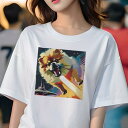 Tシャツ レディース 犬ファン 半袖 春夏 犬柄 プリント カジュアル かわいい 人間用 フィットネス ダンス 宇宙 ポメラニアン スペースシップ レーザー(4)