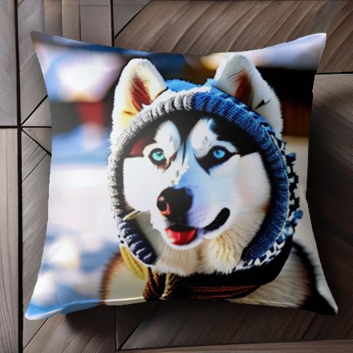 ニット帽 シベリアンハスキー マフラー 冬 クッションカバー 45×45cm アニマル柄 おしゃれ 可愛い クッション本体付き 正方形 犬ファン