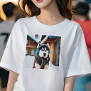 Tシャツ レディース 犬ファン 半袖 春夏 犬柄 プリント カジュアル かわいい 人間用 フィットネス ダンス ヘッドホン シベリアンハスキー スカーフ 冬 雪