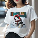 Tシャツ レディース 犬ファン 半袖 春夏 犬柄 プリント カジュアル かわいい 人間用 フィットネス ダンス 帽子 シベリアンハスキー ヘッドホン スカーフ 雪