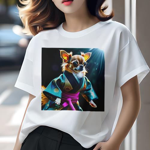 Tシャツ レディース 犬ファン 半袖 春夏 犬柄 プリント カジュアル かわいい 人間用 フィットネス ダンス 着物 チワワ 帯