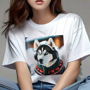 Tシャツ レディース 犬ファン 半袖 春夏 犬柄 プリント カジュアル かわいい 人間用 フィットネス ダンス セーター シベリアンハスキー ヘッドホン 冬 雪