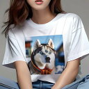 Tシャツ レディース 犬ファン 半袖 春夏 犬柄 プリント カジュアル かわいい 人間用 フィットネス ダンス 雪 シベリアンハスキー 冬 スカーフ(4)