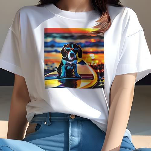 Tシャツ レディース 犬ファン 半袖 春夏 犬柄 プリント カジュアル かわいい 人間用 フィットネス ダンス サーフィン ビーグル 海 夕焼け サングラス