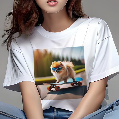 Tシャツ レディース 犬ファン 半袖 春夏 犬柄 プリント カジュアル かわいい 人間用 フィットネス ダンス サングラス ポメラニアン スケートボード