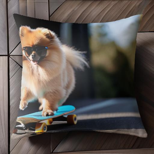 スケートボード ポメラニアン クッションカバー 45×45cm アニマル柄 おしゃれ 可愛い クッション本体付..
