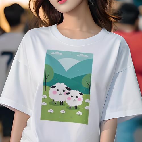 Tシャツ レディース 犬ファン 半袖 春夏 犬柄 プリント カジュアル かわいい 人間用 フィットネス ダンス 山 雲 木 草原(4)