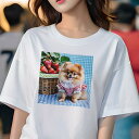 Tシャツ レディース 犬ファン 半袖 春夏 犬柄 プリント カジュアル かわいい 人間用 フィットネス ダンス イチゴ ポメラニアン ピクニック バスケット チェック柄
