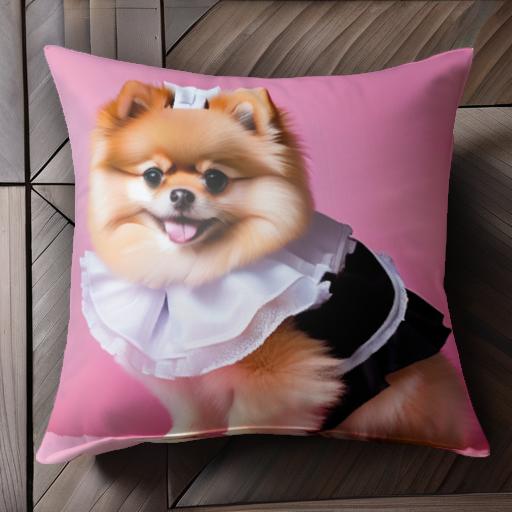 メイド服 ポメラニアン リボン クッションカバー 45×45cm アニマル柄 おしゃれ 可愛い クッション本體付き 正方形 犬ファン