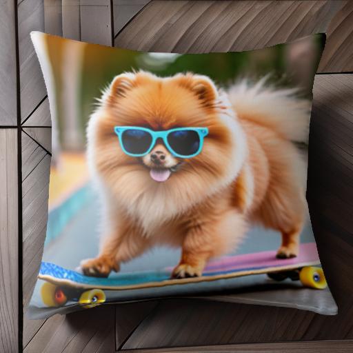 スケートボード ポメラニアン サングラス クッションカバー 45×45cm アニマル柄 おしゃれ 可愛い クッ..
