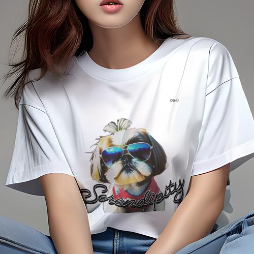 Tシャツ レディース 犬ファン 半袖 春夏 犬柄 プリント カジュアル かわいい 人間用 フィットネス ダンス サングラス シーズー