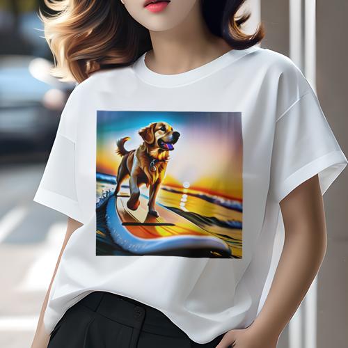 Tシャツ レディース 犬ファン 半袖 春夏 犬柄 プリント カジュアル かわいい 人間用 フィットネス ダンス サーフィン ゴールデンレトリバー 海 夕日