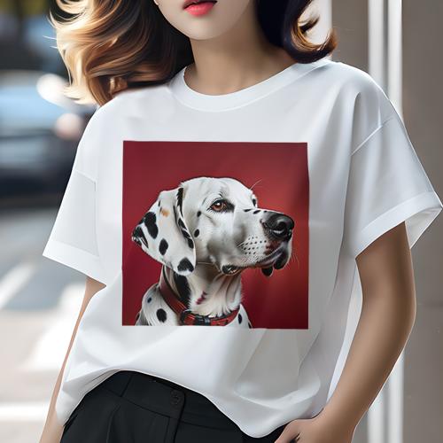 Tシャツ レディース 犬ファン 半袖 春夏 犬柄 プリント カジュアル かわいい 人間用 フィットネス ダンス 犬 ダルメシアン ペット 動物 赤色