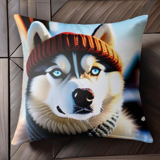 ニット帽 シベリアンハスキー マフラー 冬 雪 クッションカバー 45×45cm アニマル柄 おしゃれ 可愛い クッション本体付き 正方形 犬ファン