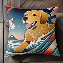波 ゴールデンレトリバー 富士山 桜 クッションカバー 45×45cm アニマル柄 おしゃれ 可愛い クッション本体付き 正方形 犬ファン