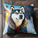 帽子 シベリアンハスキー 冬 雪 ジャケット クッションカバー 45×45cm アニマル柄 おしゃれ 可愛い クッション本体付き 正方形 犬ファン