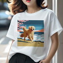 Tシャツ レディース 犬ファン 半袖 春夏 犬柄 プリント カジュアル かわいい 人間用 フィットネス ダンス 桜 ゴールデンレトリバー 海 波 砂浜(4)