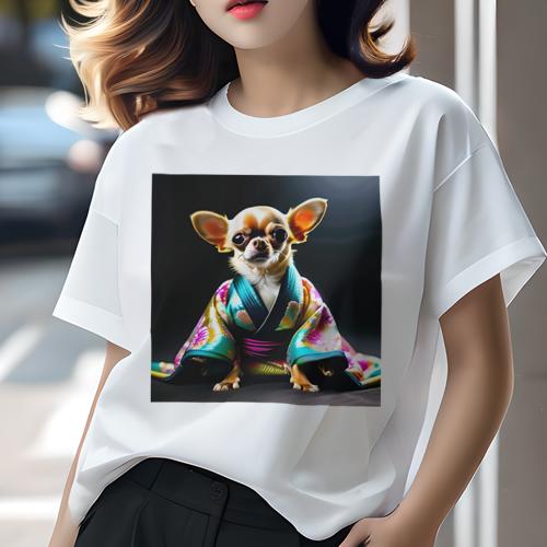 Tシャツ レディース 犬ファン 半袖 春夏 犬柄 プリント カジュアル かわいい 人間用 フィットネス ダンス 着物 チワワ 和風 花柄