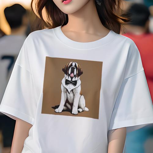 Tシャツ レディース 犬ファン 半袖 春夏 犬柄 プリント カジュアル かわいい 人間用 フィットネス ダンス 蝶ネクタイ セントバーナード タキシード