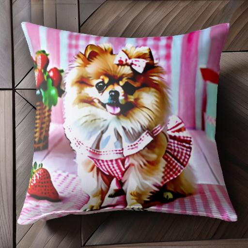 イチゴ ポメラニアン ピンク リボン チェック柄 クッションカバー 45×45cm アニマル柄 おしゃれ 可愛い クッション本体付き 正方形 犬ファン