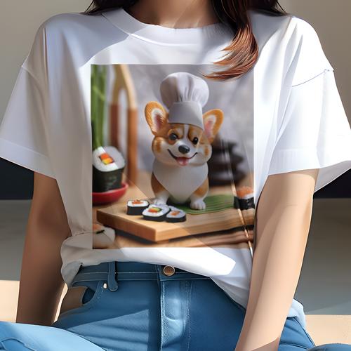 Tシャツ レディース 犬ファン 半袖 春夏 犬柄 プリント カジュアル かわいい 人間用 フィットネス ダンス 寿司 コーギー シェフの帽子 料理 板前