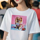 Tシャツ レディース 犬ファン 半袖 春夏 犬柄 プリント カジュアル かわいい 人間用 フィットネス ダンス イチゴ ポメラニアン リボン チェック柄 ワンピース
