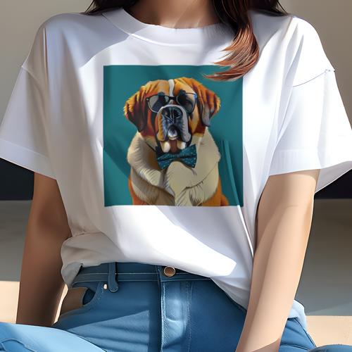 Tシャツ レディース 犬ファン 半袖 春夏 犬柄 プリント カジュアル かわいい 人間用 フィットネス ダンス メガネ セントバーナード 蝶ネクタイ