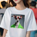 Tシャツ レディース 犬ファン 半袖 春夏 犬柄 プリント カジュアル かわいい 人間用 フィットネス ダンス サングラス イタリアングレーハウンド ジャケット(4)