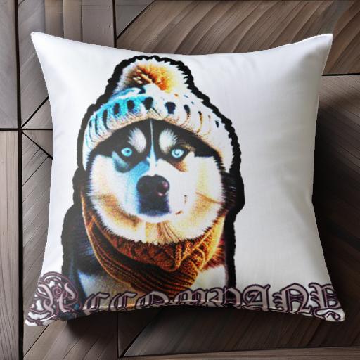 ニット帽 シベリアンハスキー マフラー クッションカバー 45×45cm アニマル柄 おしゃれ 可愛い クッション本体付き 正方形 犬ファン