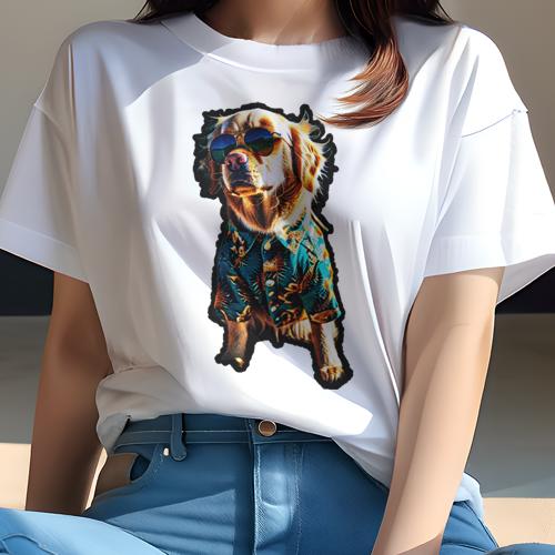 Tシャツ レディース 犬ファン 半袖 春夏 犬柄 プリント カジュアル かわいい 人間用 フィットネス ダンス アロハシャツ ゴールデンレトリバー サングラス