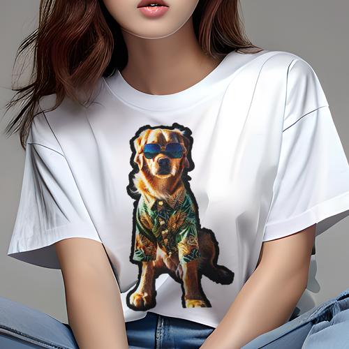 Tシャツ レディース 犬ファン 半袖 春夏 犬柄 プリント カジュアル かわいい 人間用 フィットネス ダンス アロハシャツ ゴールデンレトリバー サングラス