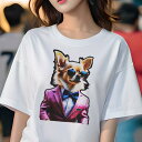 Tシャツ レディース 犬ファン 半袖 春夏 犬柄 プリント カジュアル かわいい 人間用 フィットネス ダンス スーツ チワワ 蝶ネクタイ サングラス(4)