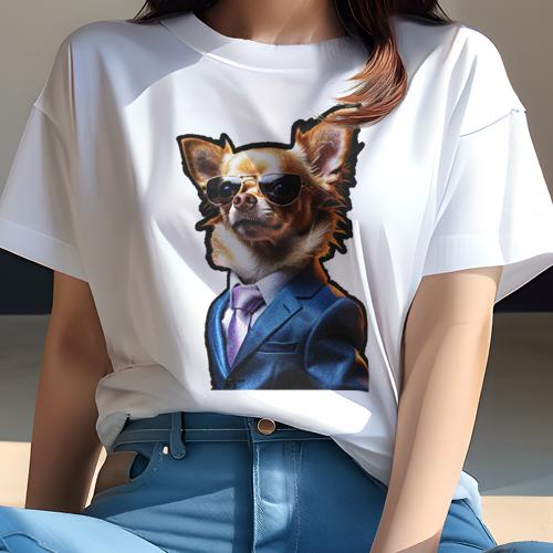 Tシャツ レディース 犬ファン 半袖 春夏 犬柄 プリント カジュアル かわいい 人間用 フィットネス ダンス スーツ チワワ ネクタイ サングラス