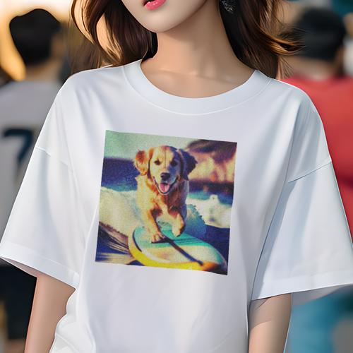 Tシャツ レディース 犬ファン 半袖 春夏 犬柄 プリント カジュアル かわいい 人間用 フィットネス ダンス サーフィン ゴールデンレトリバー 海 波 夏(4)