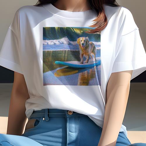 Tシャツ レディース 犬ファン 半袖 春夏 犬柄 プリント カジュアル かわいい 人間用 フィットネス ダンス 波 ゴールデンレトリバー 海 サーフボード ビーチ