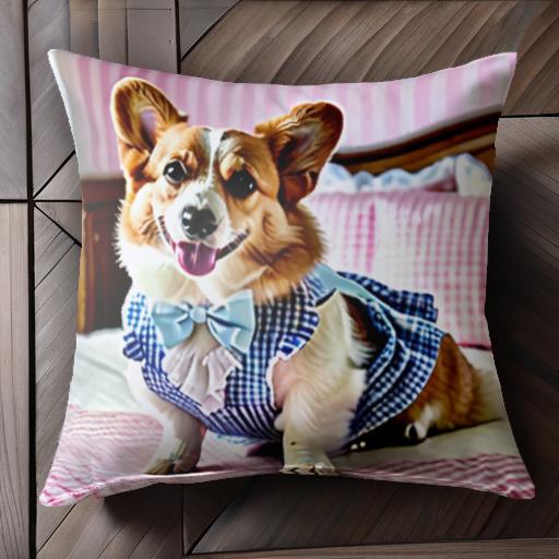 ベッド コーギー ギンガムチェック 蝶ネクタイ フリル クッションカバー 45×45cm アニマル柄 おしゃれ 可愛い クッション本体付き 正方形 犬ファン