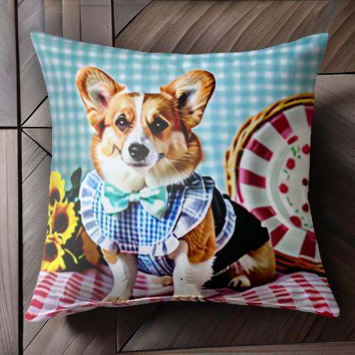 ひまわり コーギー ピクニック ギンガムチェック 蝶ネクタイ クッションカバー 45×45cm アニマル柄 おしゃれ 可愛い クッション本体付き 正方形 犬ファン