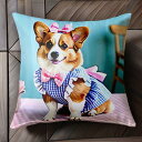 リボン コーギー ギンガムチェック ワンピース 椅子 クッションカバー 45×45cm アニマル柄 おしゃれ 可愛い クッション本体付き 正方形 犬ファン