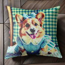 チェック柄 コーギー リボン ワンピース クッションカバー 45×45cm アニマル柄 おしゃれ 可愛い クッション本体付き 正方形 犬ファン