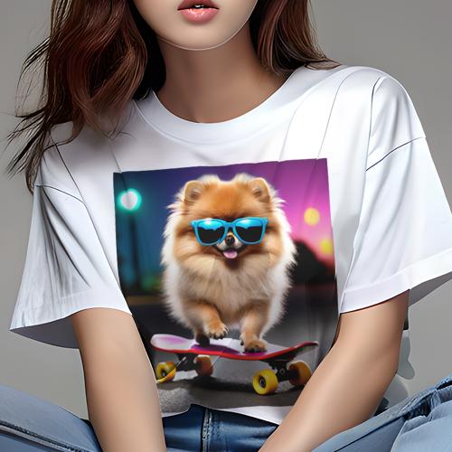 Tシャツ レディース 犬ファン 半袖 春夏 犬柄 プリント カジュアル かわいい 人間用 フィットネス ダンス サングラス ポメラニアン スケートボード
