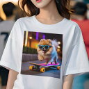 Tシャツ レディース 犬ファン 半袖 春夏 犬柄 プリント カジュアル かわいい 人間用 フィットネス ダンス スケートボード ポメラニアン サングラス(4)